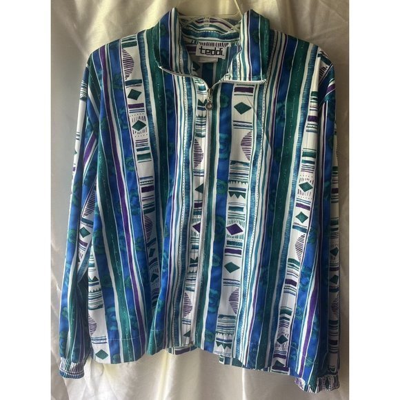 Teddi Jackets & Blazers - Vtg 90s Teddi Petite Zip Up Dressy Jacket Green Purple Blue‎ White